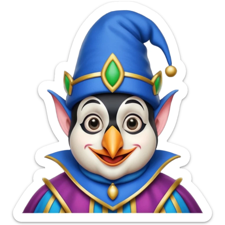 crazy funny colorful real penguin jolly joker, medieval, vintage, court jester, mac os icon, blue color sticker