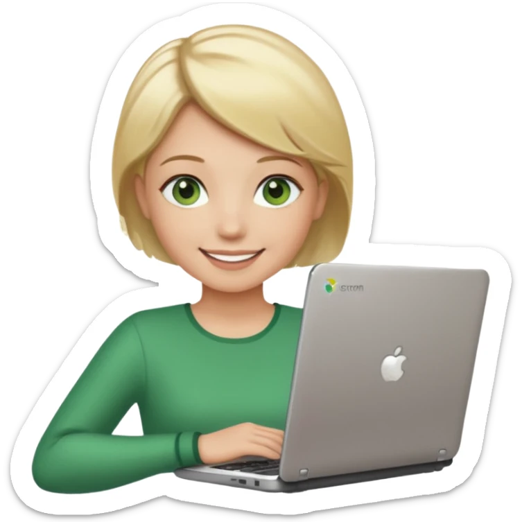 short blonde hair teacher green eyes woman happy holding chromebook sticker