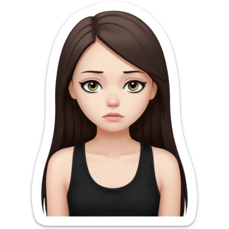 a fair girl with straight long brunette hair, black tank top, eyeliner on. Looking sad sticker