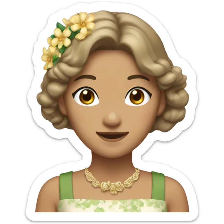 A woman of Asian appearance. Wheat-colored skin, waist length hair, golden brown, slightly curly, wavy look. The eyes were green, and then the hair wore a wreath, the earrings were flowers, and the dress was a white suspender. sticker