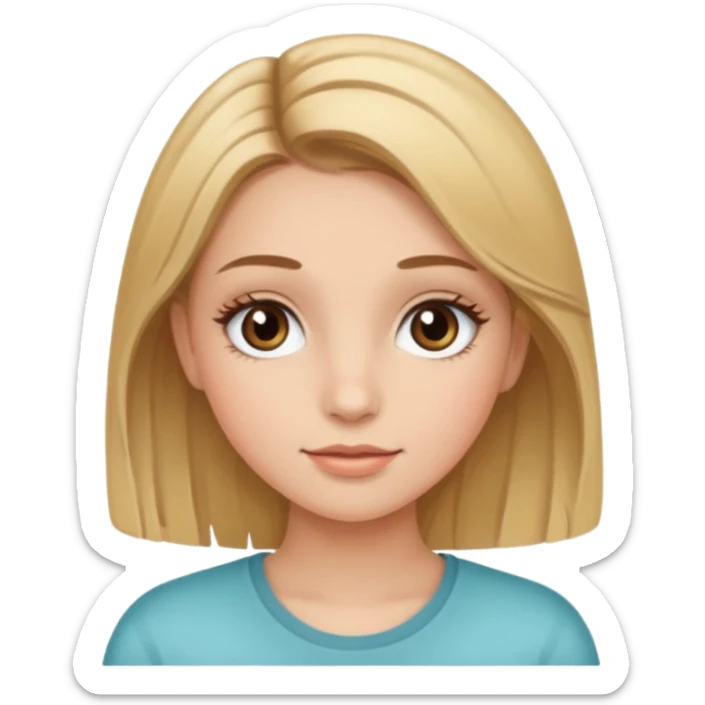 Gör en emoji som är en tjej och den ska ha långt hår hårfärgen ska vara brunt och  blonda hon ska ha fransar men dom ska se naturliga ut  sticker