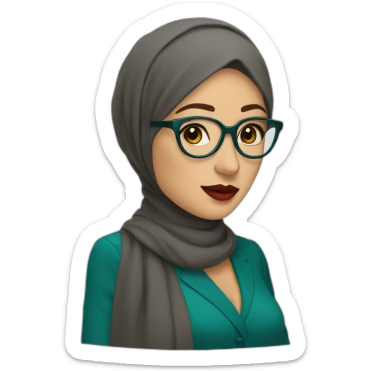 Hijabi white woman with glasses and brown eyes wearing a teal suit red lipstick sticker