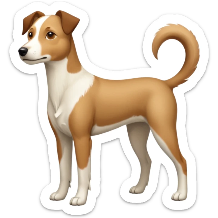 a full body large white parson russell looking dog the size of a kelpie with light brown flapped down ears and a light brown patch on one eye and a large snout sticker