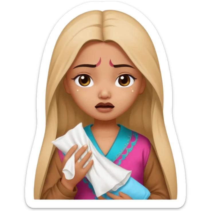 a pretty bratz fair indian girl wearing a brown pajamas, dark circles, crying, holding tissues sticker