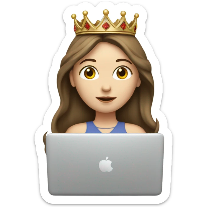 Pale white brunette girl on laptop wearing a crown with brown hair sticker