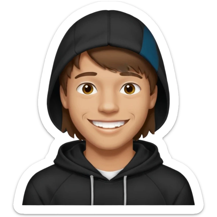 20 yr old man, brown hair, straight, big smile, white teeth, tanned skin, bangs, black hooded sweatshirt sticker