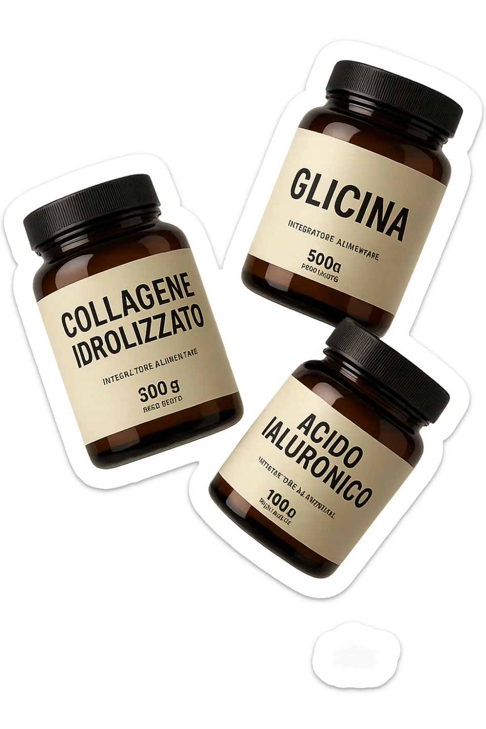 3 BARATTOLI DI INTEGRATORE CON LA SCRITTA: COLLAGENE IDROLIZZATO, GLICINA, ACIDO IALURONICO FLUTTUANO IN ARIA, IPERREALISTICA 4K sticker