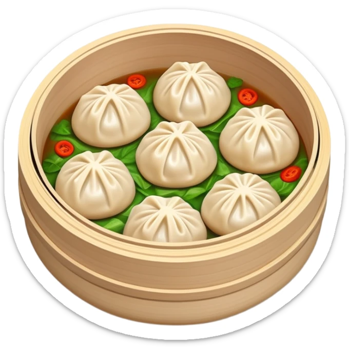 Xiaolongbao Shanghai soup dumplings with steam, simplified emoji style with bold outlines and bright colors, cartoon style Chinese steamed bun sticker