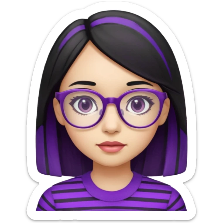 chica bonita con ligero cabello negro con rayas moradas que llega hasta los hombros con lentes cuadrados de estatura pequeña sticker