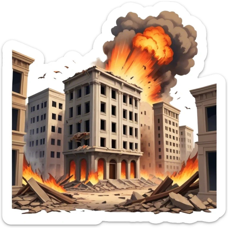 A vintage movie poster-style design with a dramatic scene of a natural disaster like an earthquake, tornado. Include crumbling buildings, flying debris and fiery explosions. The background should be chaotic, with a cinematic, apocalyptic vibe. Transparent background. sticker