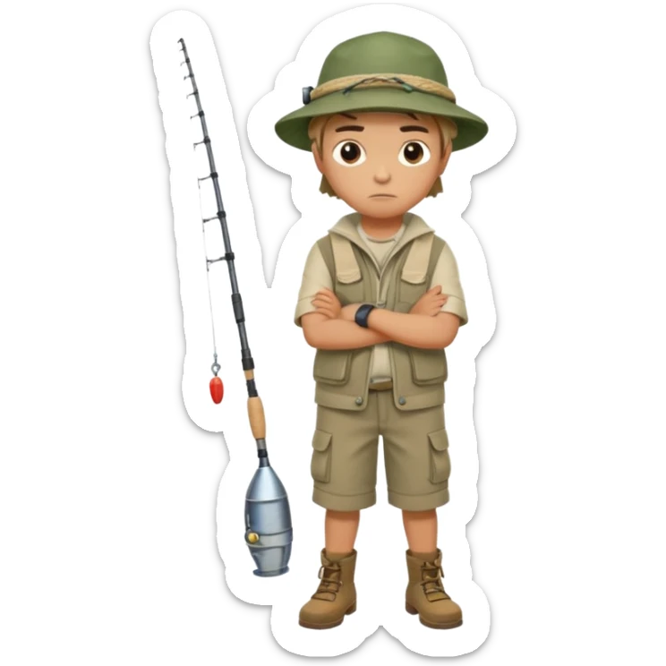 A boy with crossed arms, looking annoyed, dressed in fishing clothes full body sticker