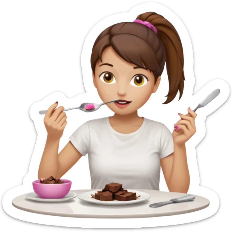 yellow-skinned woman with brown hair in a ponytail, wearing a white T-shirt. She’s sitting at a table, licking chocolate off a knife and holding a 'Banado' jar. On the table: a plate with crumbs, a fork, a glass of dark drink, and a pink lid. Simple brown background. sticker