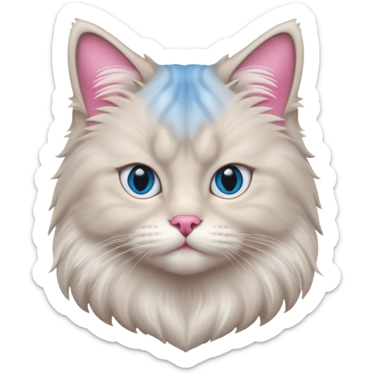 Fluffy Siberian cat face emoji, white and grey long hair, bright blue eyes, pink nose, friendly expression, 3D vector style, isolated on white background. sticker