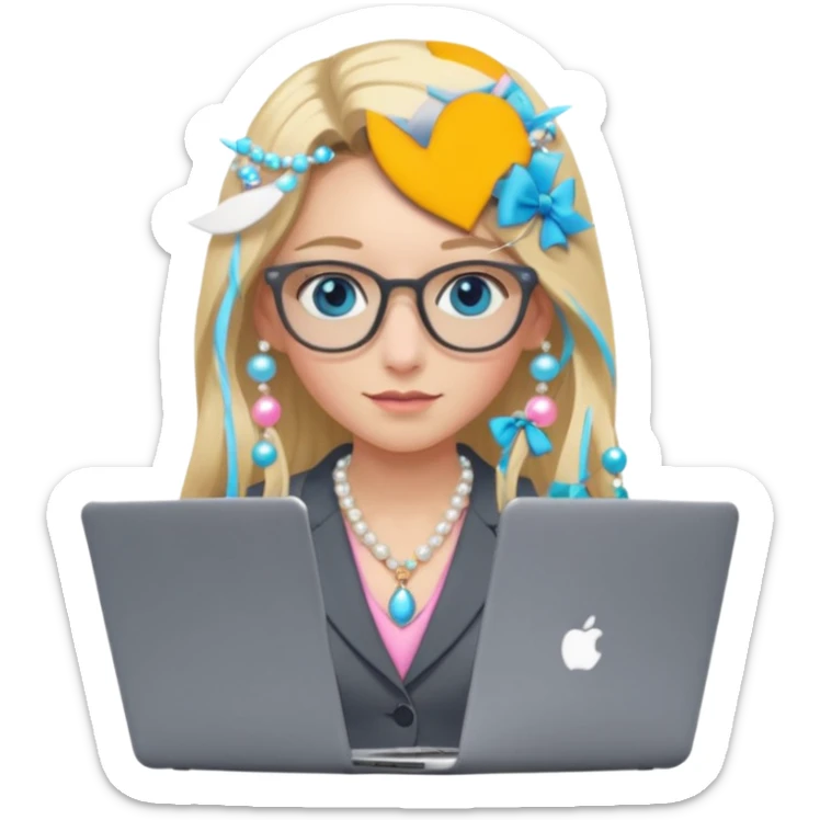 Please take the girl with laptop emoji and make her glassess light brown, her eyes ocean blue and her nose a bit smaller and pointier and she has blonde very long hair and a dark grey suit and pearls necklace, and has a laptop in fron of her and a tiny pink bow on the left side of her head sticker