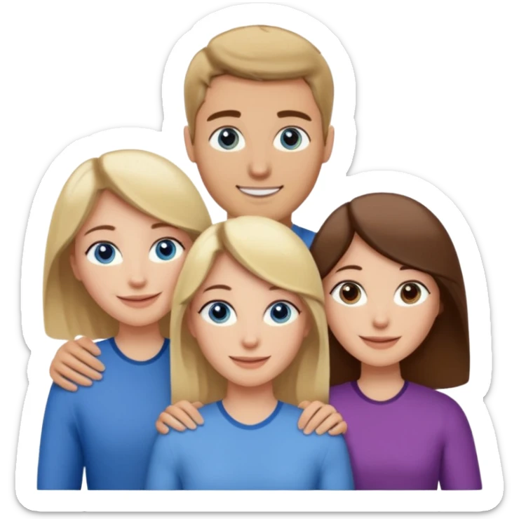 3 people. Throuple. Blank woman with blond hair and blue eye color on left. And also a blank man with brown hair and grey eye color in the middle. And a blank woman with brown hair and grey eye color on the right. Holding each other sticker