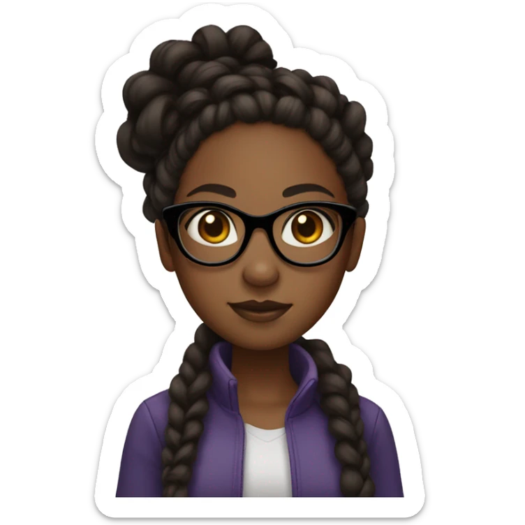 Black girl with dark brown eyes and braids with curls on the end of them and black glasses sticker