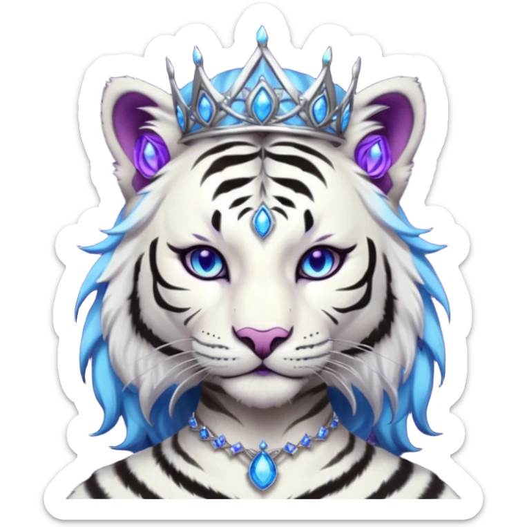 ESO Female white/black tiger khajiit leader of the umbral rose, glowing blue eyes, glowing blue 'third eye' gem; purple gemmed silver tiara sticker