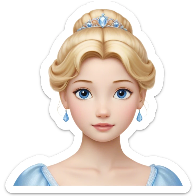 Cinematic Realistic Cinderella Portrait, depicted with lifelike skin texture, subtle rosy undertones, and soft natural lighting that enhances the gentle contours of her face. Her intricately detailed golden blonde hair is elegantly styled in an updo, with delicate wisps framing her face for added realism. Her deep, expressive blue eyes radiate warmth and sincerity, reflecting a quiet resilience and grace. She is dressed in her iconic ball gown, the fabric shimmering with intricate embroidery and fine translucent layers that catch the light beautifully. The soft sheen of satin gloves and the delicate sparkle of a glass-like slipper peeking from beneath her dress add a touch of magical realism. The portrait features an enchanting glow with a natural, luminous finish, seamlessly blending realism and fairytale charm to evoke a sense of depth, elegance, and timeless beauty. sticker