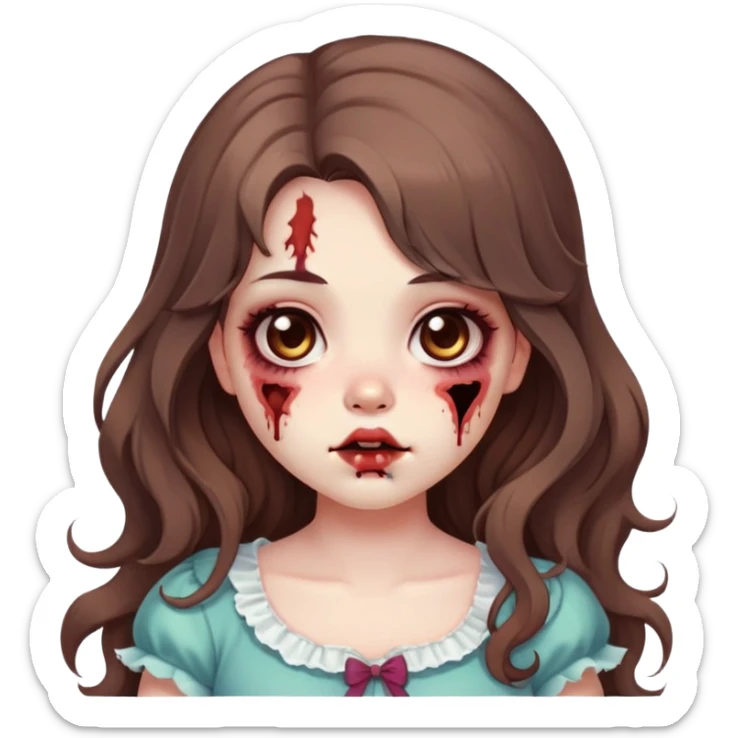 Zombie girl, long wavy brown hair, big doe brown eyes, cute chubby cheeks and lips, coquette / kawaii style sticker