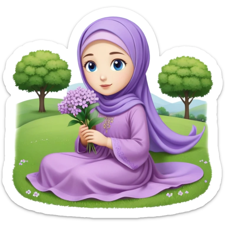 Turkish beautiful finish Konya girl blue eyes with lilac flower hijab long tail dress and sits on the grass on the ground and hold lilac flower on hand  sticker