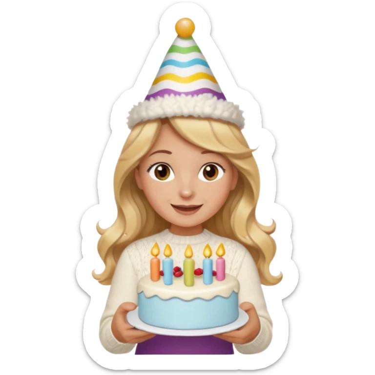 A pretty white girl with hazel brown eyes and long brown and blonde wavy hair in a cosy white knit sweater, she is celebrating her birthday and is happy sticker