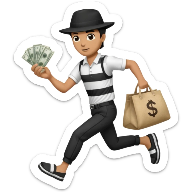 Make a man wear a black pant and he shirt is balck line and white line and wear a black hat and he holding a money bag and he running he wear a black eye thing no money in the Left hand and he yellow and the money bag in the right he wear a flip flop like this is Money bag 💰 NO MONEY sticker