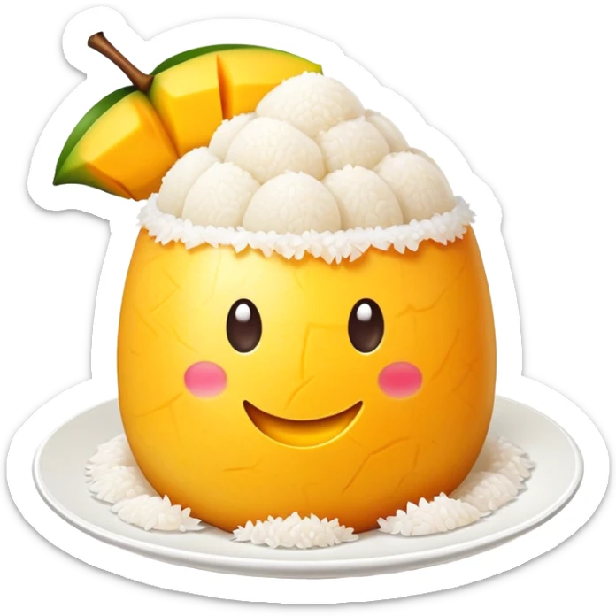 cinematic-realistic-mango-sticky-rice-dessert-emoji,-showcasing-sweet-sticky-rice out of a mould-paired-with-ripe-mango-slices-and-coconut-milk-rendered-with-lifelike-detail-and-warm,-inviting-lighting with the coconut  milk over the rice sticker