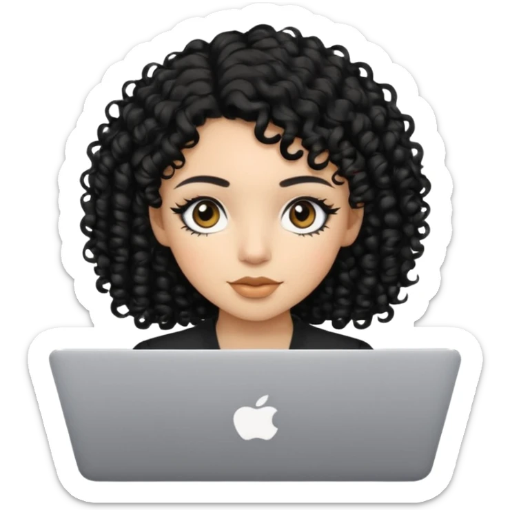 a girl using the mac book air with black curly hair and brown eyes with winged black eyeliner sticker