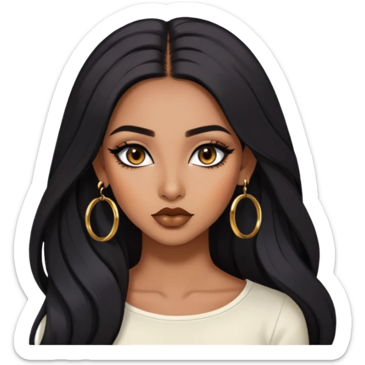 indian girl, brown skin, long black voluminous hair, brown underneath colored hair, baddie,pretty, makeup, lipliner, black eyeliner, gold hoop earrings, white top sticker