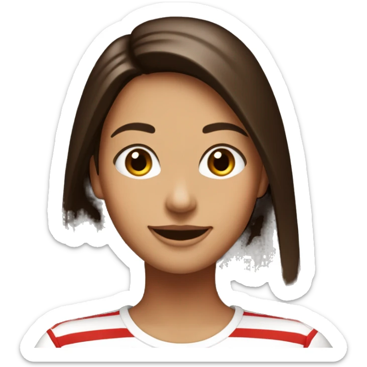 Portrait of an adult girl, tanned skin, dark chocolate long straight hair, dark eyes, smiling, wearing a white long sleeve with red horizontal narrow stripes. sticker