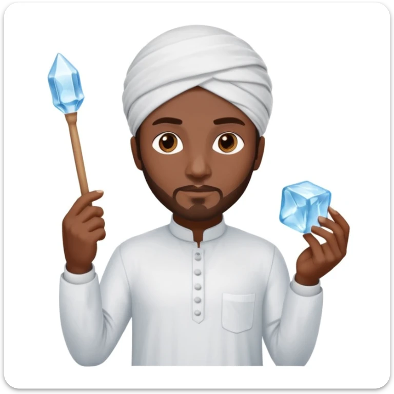 Pakistani street ice seller holding an ice pick in one hand and a large ice cube in the other, wearing shalwar kameez, confident stance, focused face, 3D, shiny, minimal, iPhone emoji look, plain white background sticker