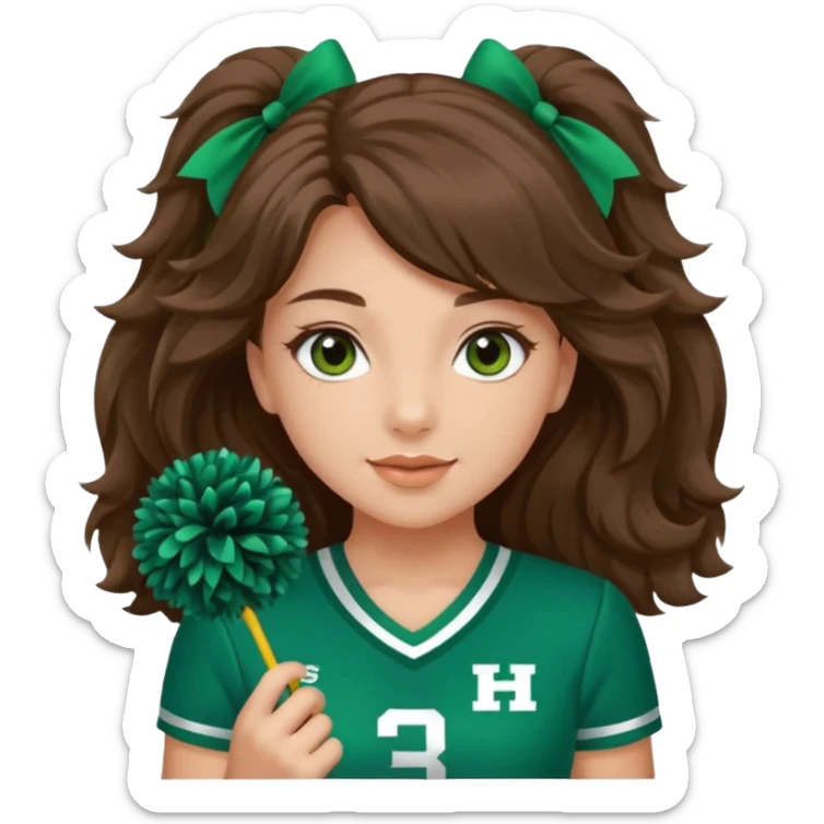 A pretty girl, her eyes is blue, her hair is brown long wavy hair, and wear green Hawkins cheerleader uniform and hold pompom sticker