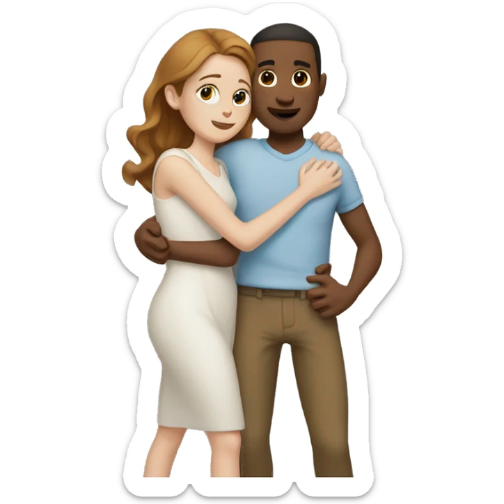  white woman with brown hair gives skinny man with pale brown skin a big hug sticker