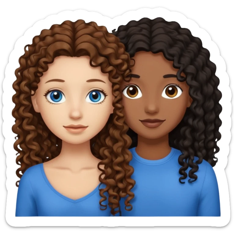 Two best friends .bestie 1: beige skin with brown long hair and blue eye. Bestie 2:mixed race skin with curly black hair and brown eye sticker