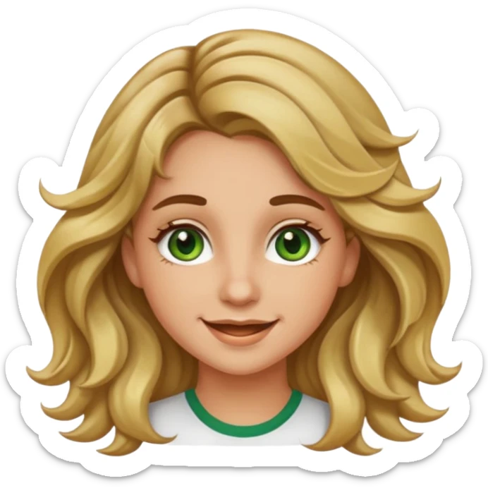 cheerful 20-year-old female with long wavy hair brown roots blonde highlights green eyes brown eyebrows sun-kissed tan iPhone emoji style sticker