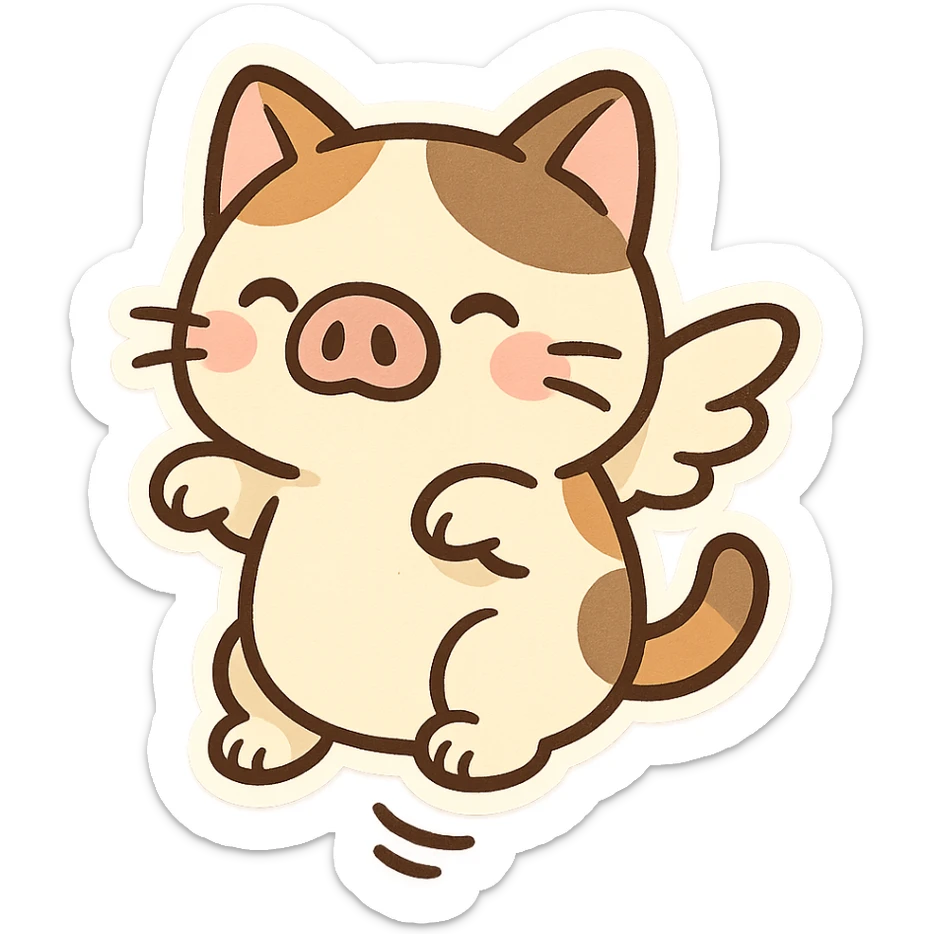 a chubby cat with pig nose and wings, floating in the air, cartoon style, cute and playful sticker