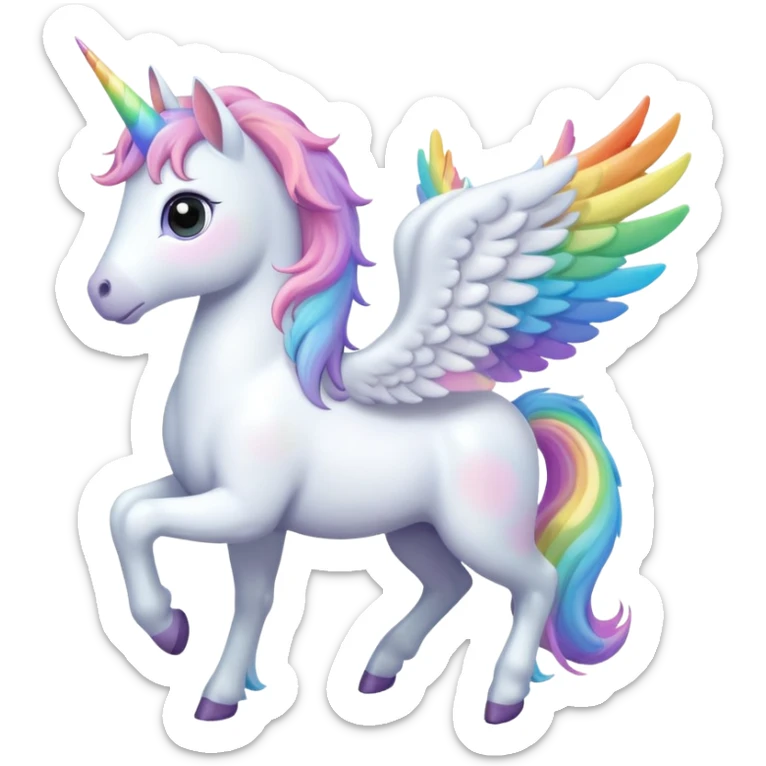 White Pegasus Unicorn with pastel rainbow wings and large dark emotional eyes sticker