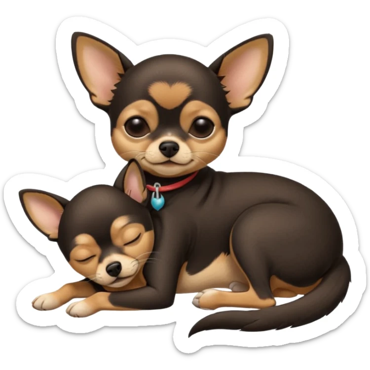 A high-resolution photo-realistic digital illustration of a  black with a bit of tan chihuahua with eyes closed shut sleeping lazily on the ground sticker