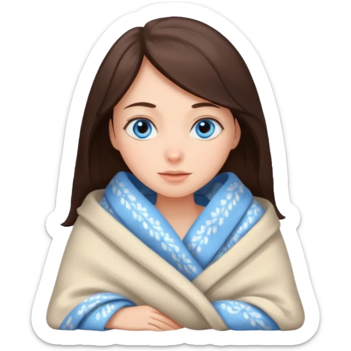 Brunette, blue-eyed woman in a cozy blanket  sticker