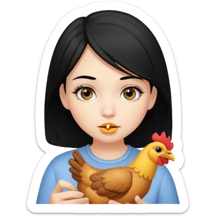 girl with black hair grey eyes and long eyelashes eating chicken sticker