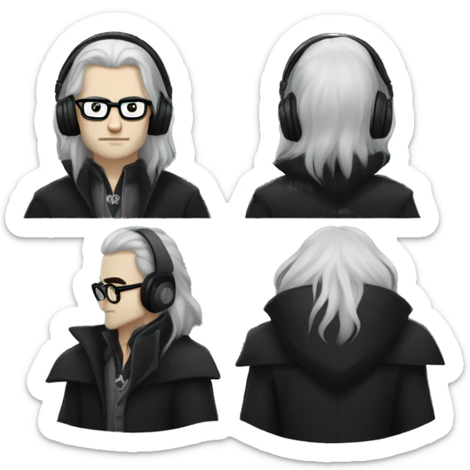 long haired pale vampire man, long black hair, big headphones and glasses VAMPIRE teeth and coat, clear visible face sticker