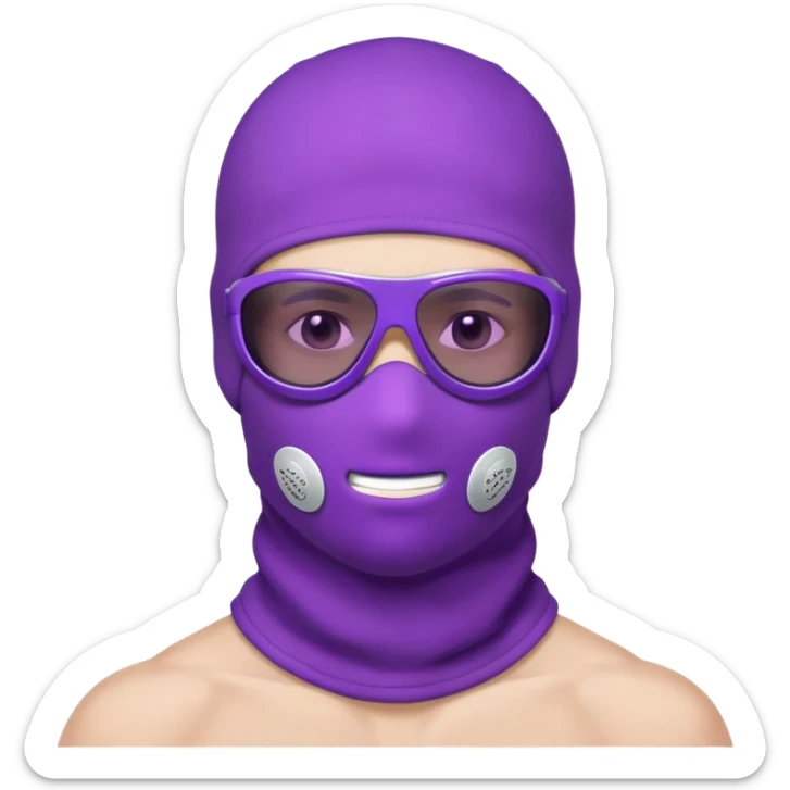 shirtless athletic man with white skin, wearing a purple balaclava face mask and purple sunglasses with black tinted lenses sticker