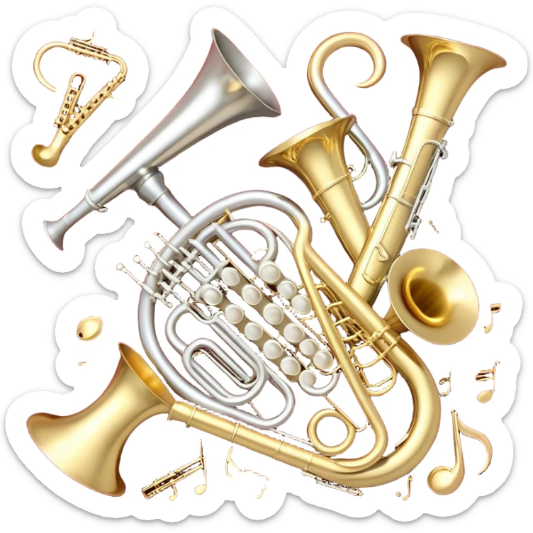 Create a festive and elegant emoji collage featuring a bouquet or fan of bells of wind instrument  (trumpets, saxophones, trombones, tubes, etc.) arranged in a radiant, symmetrical pattern. The instruments should have polished, golden and silver finishes, with their large, shiny bells forming a beautiful, fan-like display. Include a flowing ribbon of musical notes swirling through the center, conveying movement and melody. The background should feature a deep red velvet texture, adding a touch of luxury and sophistication. The overall composition should be balanced, with an elegant and regal feel, with a transparent background to keep focus on the instruments and musical elements. sticker