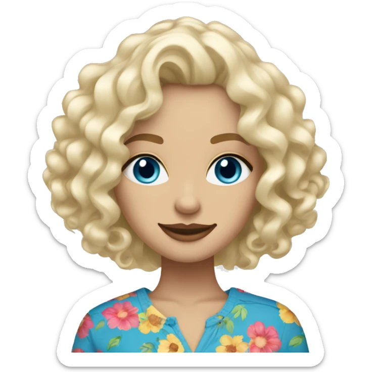 Women white blonde curly mid length hair blue eyes with shopping bags full of floral clothes sticker