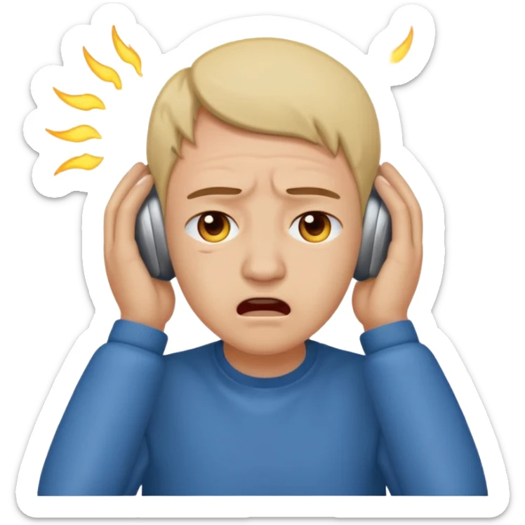 person covering ears, wincing in pain because the sound is terribly loud and hurting ears sticker