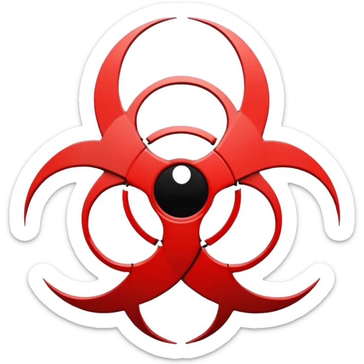 Minimalist emoji-style sticker of a fractured biohazard symbol with a small eye in the center. Stylized, geometric, no text.
 sticker