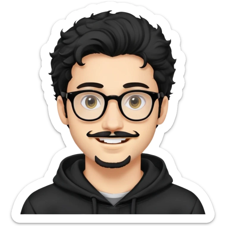 portrait man, Jewish young man 25 years old, long voluminous slightly curly black hair, glasses, wide open eyes, bushy eyebrows, sideburns, mustache and goatee. white teeth, smiles, looks at camera. wears black hoodie.  sticker