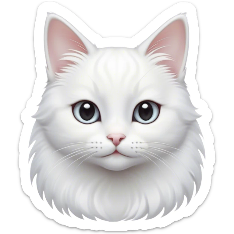 Cinematic Cute White Cat Portrait Emoji, Head tilted with a soft, gentle smile and sparkling eyes, featuring a silky, pristine white fur with subtle silver highlights, simplified yet irresistibly adorable, highly detailed, glowing with a warm, snowy glow, high shine, radiating affectionate charm and tender grace, styled with a light, playful outline, capturing the essence of a cute white cat that looks as if it could melt your heart with a single blink! sticker