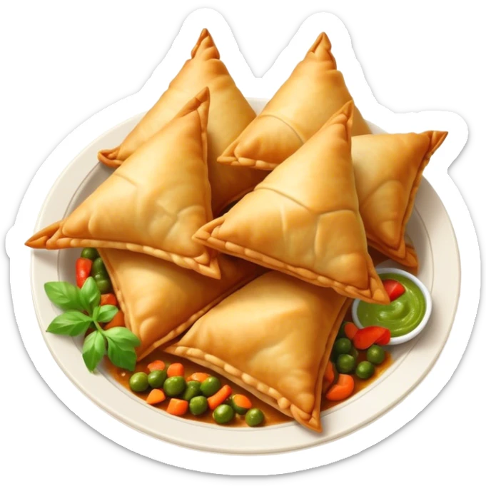 Cinematic Realistic Samosas Dish Emoji, depicted as golden, crispy pastry pockets filled with spiced vegetables rendered with detailed textures and appetizing lighting. sticker