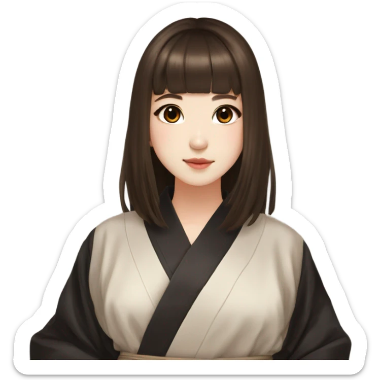 Korean girl, black silk robe, brown hair, deep brown eyes, cute girl, aesthetic, long brown hair, hime cut, bangs sticker